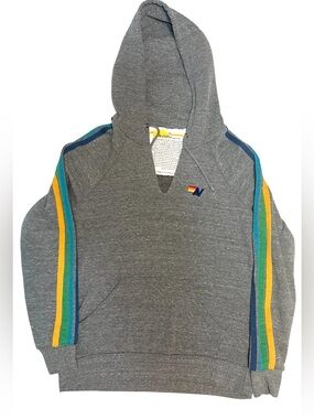Aviator Nation Split Neck Cropped Distressed Hoodie Gray Small Unisex Small
